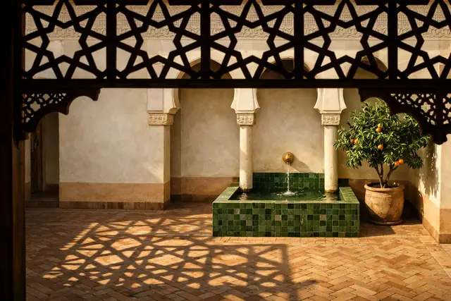 Patio de riad vu à travers un moucharabieh en cèdre, bassin en zellige vert et oranger en pot