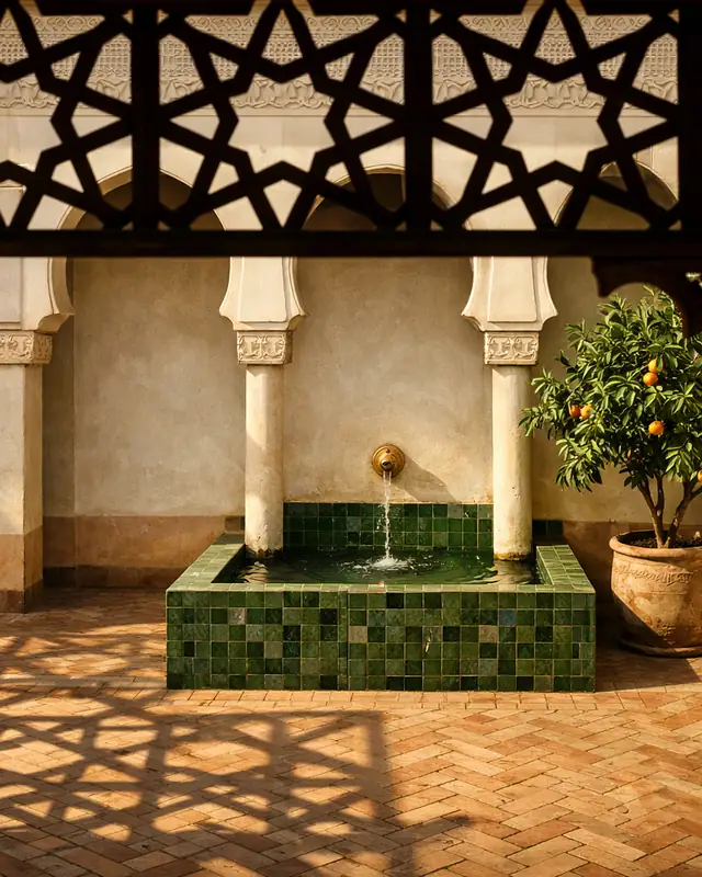 Patio de riad vu à travers un moucharabieh en cèdre, bassin en zellige vert et oranger en pot