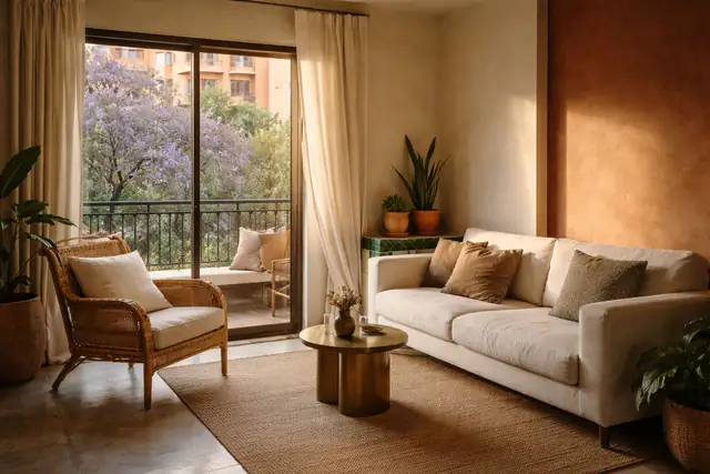 Séjour d'appartement lumineux, mur terracotta et balcon en fer forgé face à un jacaranda
