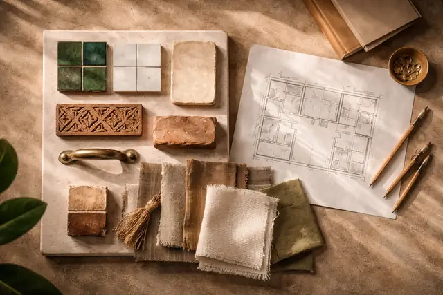 Planche de matières : zellige, tadelakt, bejmat, cèdre sculpté, poignée en laiton et plan au crayon