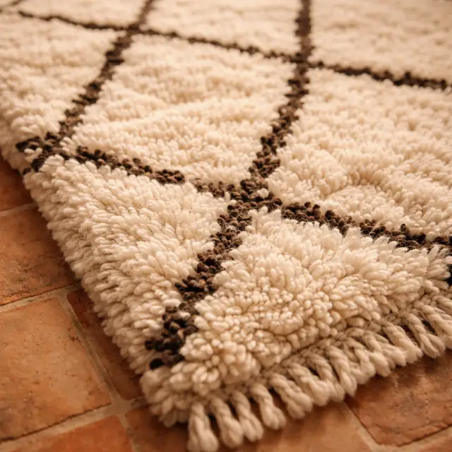 Tapis beni ouarain en laine écrue à losanges bruns