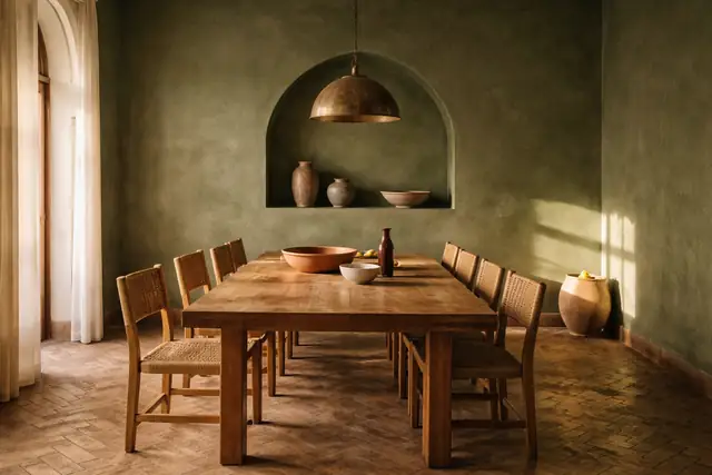 Dining room with green tadelakt walls, arched niche and brass pendant