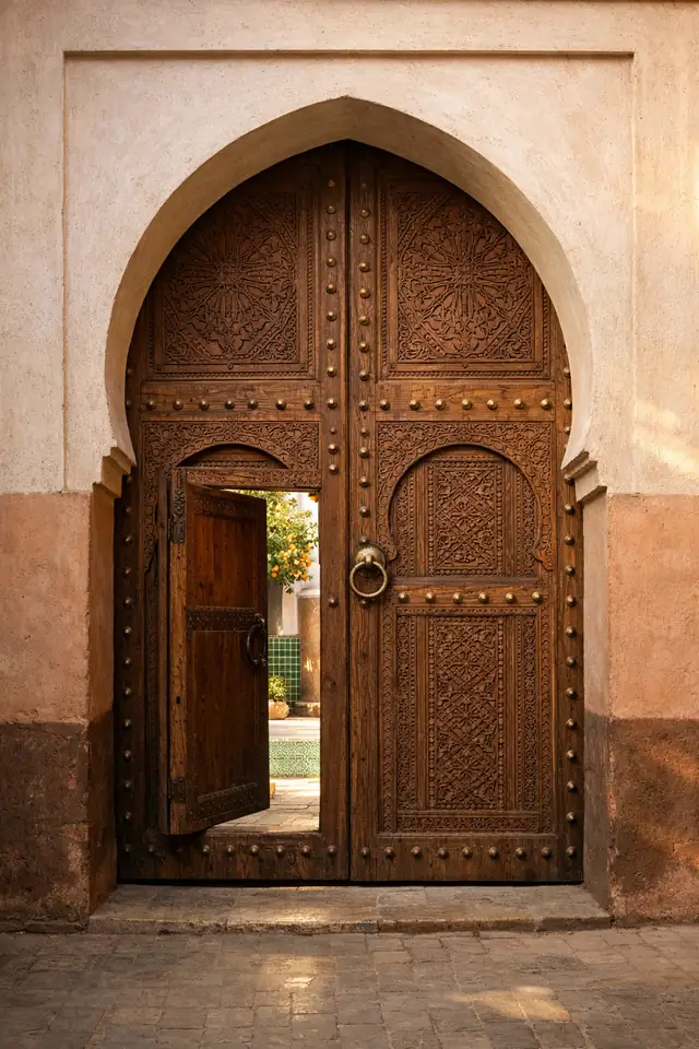 Porte de riad en cèdre sous un arc, guichet entrouvert sur un patio