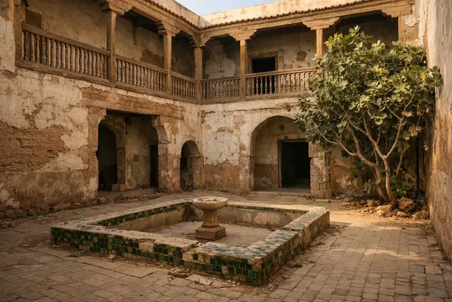 Patio de riad ancien avant rénovation : enduits écaillés, bassin vide, figuier